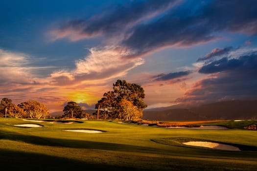 Coastline golf course, greens and bunkers in California, usa