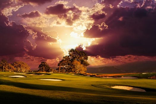 Coastline golf course, greens and bunkers in California, usa