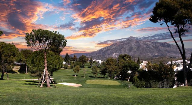 golf course and green  in Marbella, Spain, at sunset