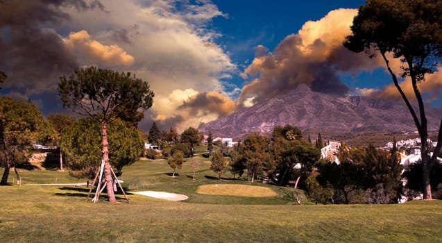 golf course and green  in Marbella, Spain, at sunset