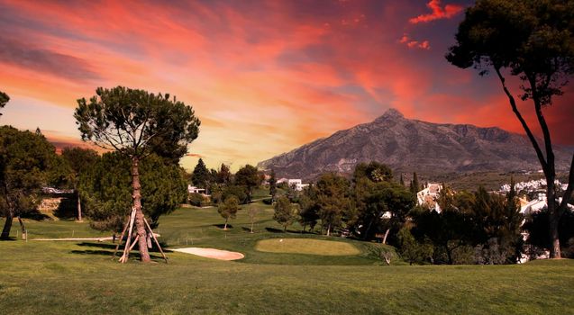 golf course and green  in Marbella, Spain, at sunset