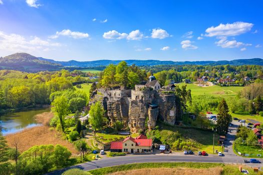 Aerial view of Sloup Castle in Northern Bohemia, Czechia. Sloup rock castle in the small town of Sloup v Cechach, in the Liberec Region, north Bohemia, Czech Republic. 