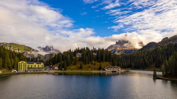 Tre Cime di Lavaredo peaks seen from Misurina lake in Dolomites, Italy in winter, Belluno-Trentino Alto Adige border. Misurina lake, Tre Cime di Lavaredo, Auronzo, Dolomiti, South Tyrol, Italy.
