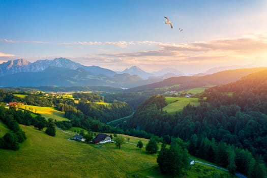 Green meadows, alpine houses and mountain peaks, Salzburger area, Austria.