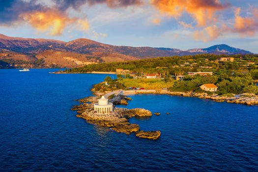 Aerial view of Lighthouse of Saint Theodore in Lassi, Argostoli, Kefalonia island in Greece. Saint Theodore lighthouse in Kefalonia island, Argostoli town, Greece, Europe.