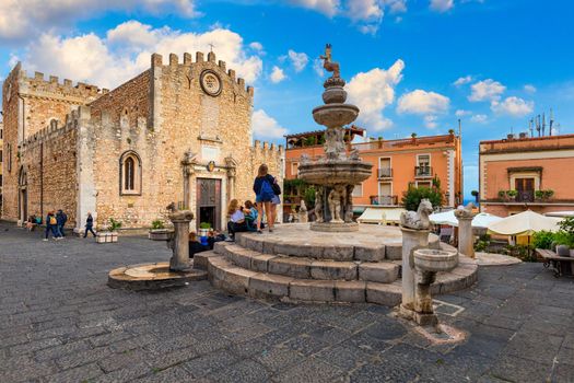 Front view of Cathedral of St Nicholas of Bari in Taormina city on Sicily Island. Cathedral of Taormina (Duomo di Taormina/Duomo di San Nicolo di Bari), Taormina, Sicily, Italy.