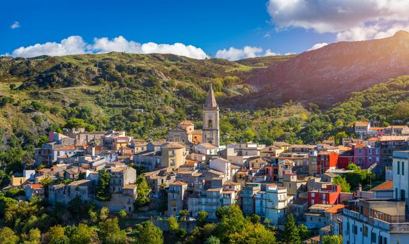Amazing cityscape of Novara di Sicilia town. Aerial view of Novara di Sicilia, Sicily, Italy, Europe. Mountain village Novara di Sicilia, Sicily, Italy.