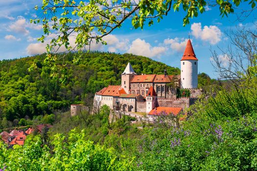 Aerial view of castle Krivoklat in Czech republic, Europe. Famous Czech medieval castle of Krivoklat, central Czech Republic. Krivoklat castle, medieval royal castle in Central Bohemia, Czechia. 