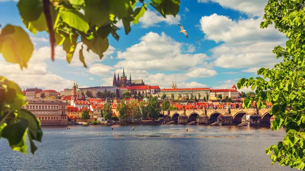 Prague scenic spring aerial view of the Prague Old Town pier architecture Charles Bridge over Vltava river in Prague, Czechia. Old Town of Prague with the Castle in the background, Czech Republic.