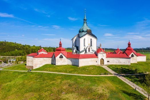Top view of the church St. John of Nepomuk. Zdar nad Sazavou. Czechia. The Pilgrim Church of St John of Nepomuk on the Zelena hora on Zdar nad Sazavou, Czech Republic.