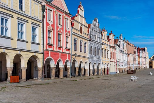 Czech town of Telc with famous Main Square (UNESCO World Heritage Site). Facade of houses on town of Telc, Southern Moravia, Czechia. Historic centre of Telc, Czech Republic.