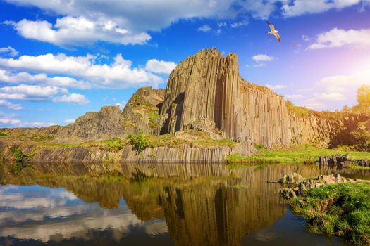 Polygonal structures of basalt columns, natural monument Panska skala near Kamenicky Senov, Czech Republic. Basalt organ pipes of Panska Skala near Kamenicky Senov, Czechia. 