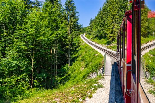 Schafberg Railway, a metre gauge cog railway in Upper Austria and Salzburg, from Sankt Wolfgang im Salzkammergut up to the Schafberg. Austria, Salzkammergut, Schafberg, Schafbergbahn, cog railway.