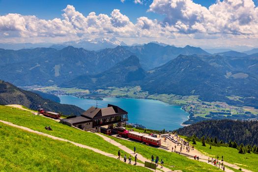 Schafberges aufgenommen, Mountain landscape in Salzkammergut, Upper Austria. View from Schafberg peak to Mondsee, Austria. Himmelspforte Schafberg in Austria, between Mondsee and Wolfgangsee lakes.