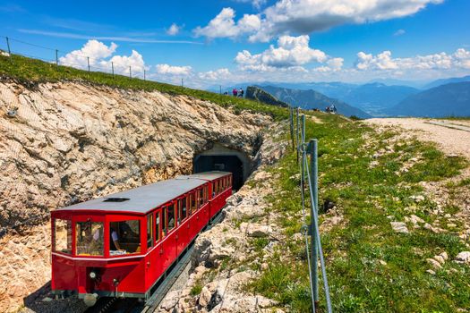 Schafberg Railway, a metre gauge cog railway in Upper Austria and Salzburg, from Sankt Wolfgang im Salzkammergut up to the Schafberg. Austria, Salzkammergut, Schafberg, Schafbergbahn, cog railway.