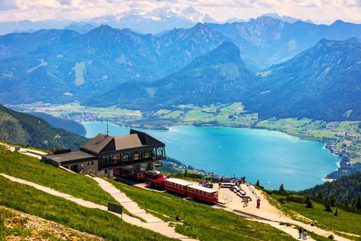 View of Wolfgangsee lake from Schafberg mountain, Austria. Wolfgangsee Lake from alp mountain Schafberg. Sankt St. Wolfgang im in Salzkammergut, Ried, Salzburgerland, Austria.