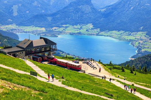 View of Wolfgangsee lake from Schafberg mountain, Austria. Wolfgangsee Lake from alp mountain Schafberg. Sankt St. Wolfgang im in Salzkammergut, Ried, Salzburgerland, Austria.