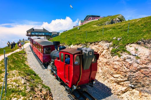 Schafberg Railway, a metre gauge cog railway in Upper Austria and Salzburg, from Sankt Wolfgang im Salzkammergut up to the Schafberg. Austria, Salzkammergut, Schafberg, Schafbergbahn, cog railway.