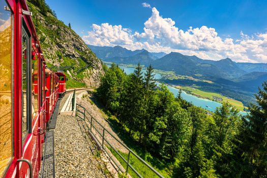 Schafberg Railway, a metre gauge cog railway in Upper Austria and Salzburg, from Sankt Wolfgang im Salzkammergut up to the Schafberg. Austria, Salzkammergut, Schafberg, Schafbergbahn, cog railway.