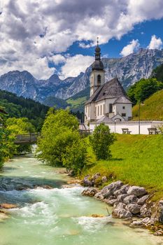 Parish Church of St. Sebastian in the village of Ramsau, Nationalpark Berchtesgadener Land, Upper Bavaria, Germany. Colorful view of Parish Church of St. Sebastian, Ramsau bei Berchtesgaden, Germany.