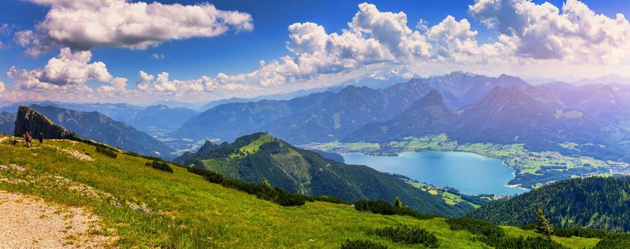 View of Wolfgangsee lake from Schafberg mountain, Austria. Wolfgangsee Lake from alp mountain Schafberg. Sankt St. Wolfgang im in Salzkammergut, Ried, Salzburgerland, Austria.