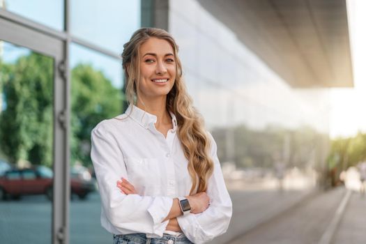 Businesswoman Successful Woman Smiling Business Person Standing Outdoor Corporate Building Exterior. Happy Caucasian Confidence Professional Business Woman Middle Age Female White Shirt Big Window