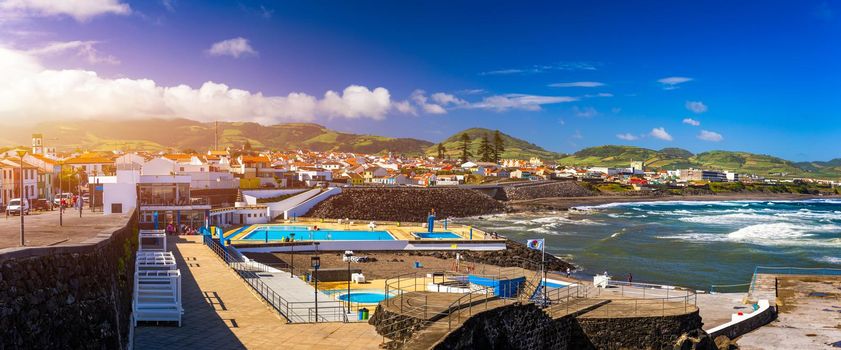 Panoramic cityscape view to Municipality and central square Of Ribeira Grande, Sao Miguel, Azores, Portugal. Central square of Ribeira Grande, Sao Miguel, Azores, Portugal.