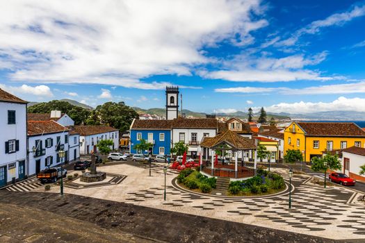 Panoramic cityscape view to Municipality and central square Of Ribeira Grande, Sao Miguel, Azores, Portugal. Central square of Ribeira Grande, Sao Miguel, Azores, Portugal.