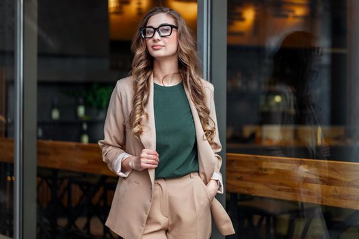 Business Woman Restaurant Owner Dressed Elegant Pantsuit Standing Near Restaurant Big Window Outdoor Caucasian Female Glasses Business Person