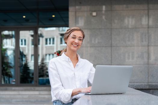 Businesswoman Successful Woman Use Laptop Business Person Outdoor Corporate Building Exterior Caucasian Confidence Professional Business Woman Middle Age With Notebook Technology Concept