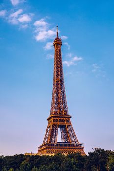 Paris Eiffel Tower and river Seine at sunset in Paris, France. Eiffel Tower is one of the most iconic landmarks of Paris. Eiffel tower in summer, Paris, France. The Eiffel Tower in Paris, France.