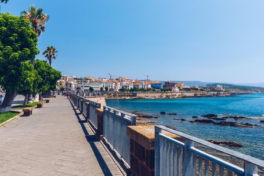 Alghero old town, Alghero street view on a beautiful day. Alghero, Italy. Panoramic aerial view of Alghero, Sardinia, Italy. 