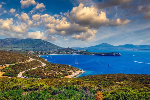 Capo Caccia cliffs close to Alghero, Sardinia, Italy. Aerial view of Capo Caccia in Alghero, Sardinia
