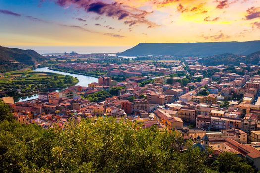 Beautiful view of Bosa town, Sardinia island, Italy. Travel destination. Bosa town with Ponte Vecchio bridge across the Temo river. Marvelous morning view of Sardinia island, Italy, Europe.