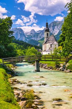Parish Church of St. Sebastian in the village of Ramsau, Nationalpark Berchtesgadener Land, Upper Bavaria, Germany. Colorful view of Parish Church of St. Sebastian, Ramsau bei Berchtesgaden, Germany.
