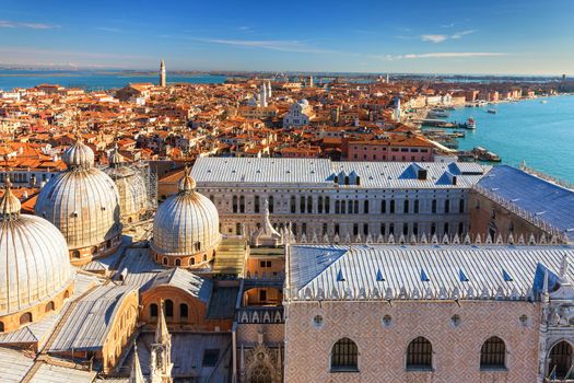 View of the dome of San Giorgio Maggiore church and Giudecca Canal in Venice, Italy. Amazing aerial view on the beautiful Venice, Italy. Venice from above, Venice landmark with old buildings.