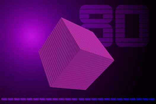 3d cube in 80s style illustration illuminated in purple with the number 80 and the date 1980 on a dark background