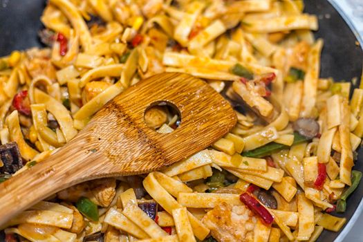 Bami Goreng is a pasta dish. Dish is made on a indonesian way with chicken brast and pasta.