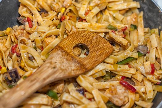 Bami Goreng is a pasta dish. Dish is made on a indonesian way with chicken brast and pasta.