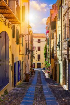 Alghero old town, Alghero street view on a beautiful day. Alghero, Italy. Panoramic aerial view of Alghero, Sardinia, Italy. 