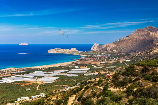 Shot of beautiful turquoise beach Falasarna (Falassarna) in Crete, Greece. View of famous paradise sandy deep turquoise beach of Falasarna (Phalasarna) in North West, Crete island, Greece.