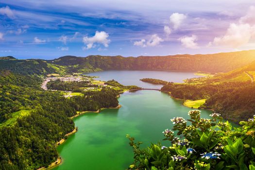 Beautiful view of Seven Cities Lake "Lagoa das Sete Cidades" from Vista do Rei viewpoint in São Miguel Island, Azores, Portugal. Lagoon of the Seven Cities, Sao Miguel island, Azores, Portugal.