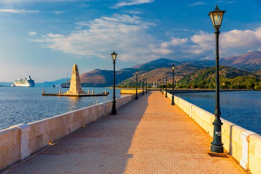 View of the De Bosset Bridge in Argostoli city on Kefalonia island. De Bosset Bridge on lakeside In Argostoli, Kefalonia. Obelisk and the de Bosset bridge in Argostoli, Kefalonia, Greece