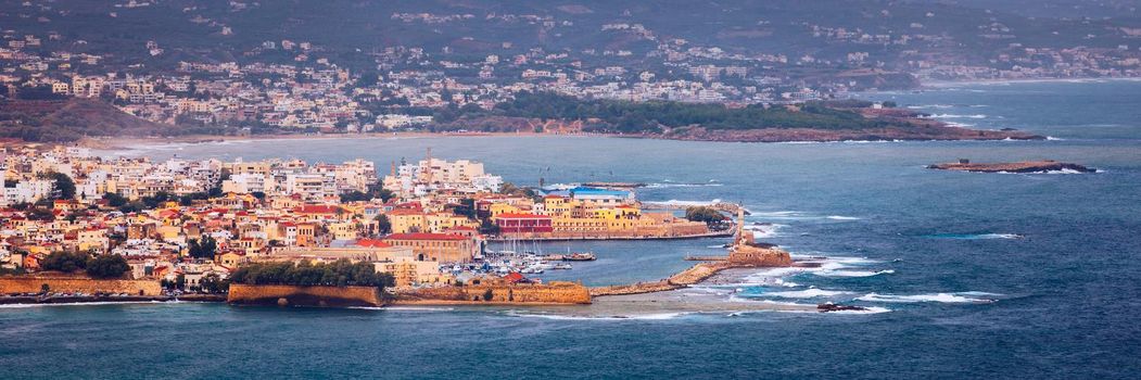Old Venetian Harbour of Chania with fisihing Boats and Yachts in Crete, Greece. Chania, Crete, Greece. Chania is the second largest city of Crete and the capital of the Chania regional unit.