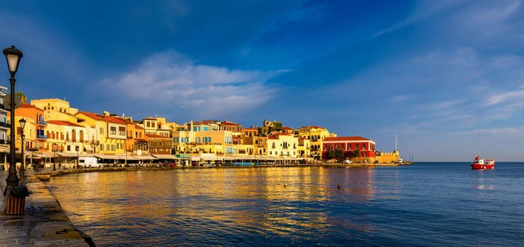 Picturesque old port of Chania. Landmarks of Crete island. Greece. Bay of Chania at sunny summer day, Crete Greece. View of the old port of Chania, Crete, Greece. The port of chania, or Hania. 