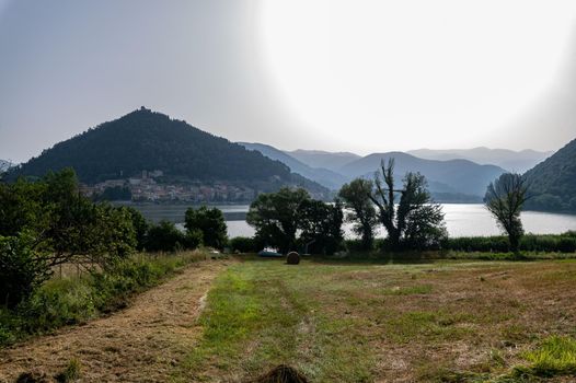 panorama of the village of piediluco and the lake in umbria