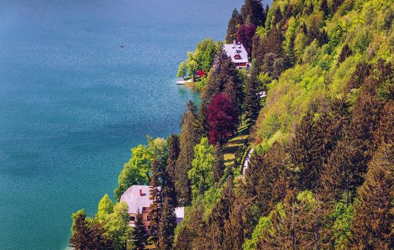Lake Bled Slovenia. Beautiful mountain Bled lake with small Pilgrimage Church. Most famous Slovenian lake and island Bled with Pilgrimage Church of the Assumption of Maria. Bled, Slovenia.