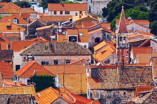 View at town Trogir, old touristic place in Croatia Europe. Trogir town coastal view. Magnificent Trogir, Croatia. Sunny old Venetian town, Dalmatian Coast in Croatia.