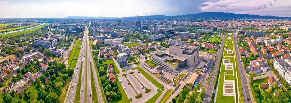 Aerial panoramic view of Zagreb and Sava river near fountains square, capital of Croatia