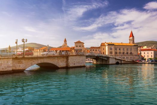 View at town Trogir, old touristic place in Croatia Europe. Trogir town coastal view. Magnificent Trogir, Croatia. Sunny old Venetian town, Dalmatian Coast in Croatia.